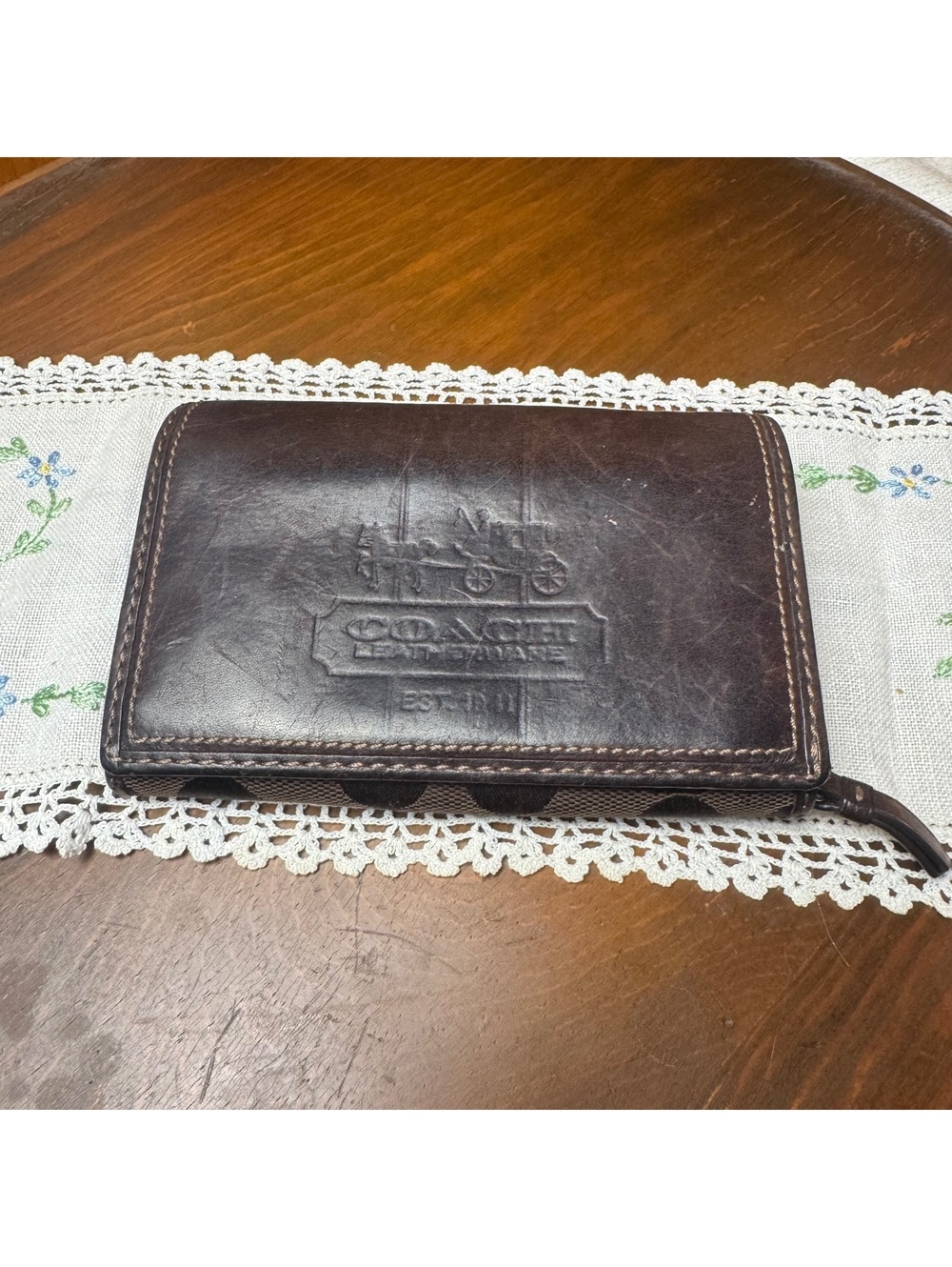 Coach Signature C Jacquard Wallet Brown Leather Pink Interior Vintage Organizer